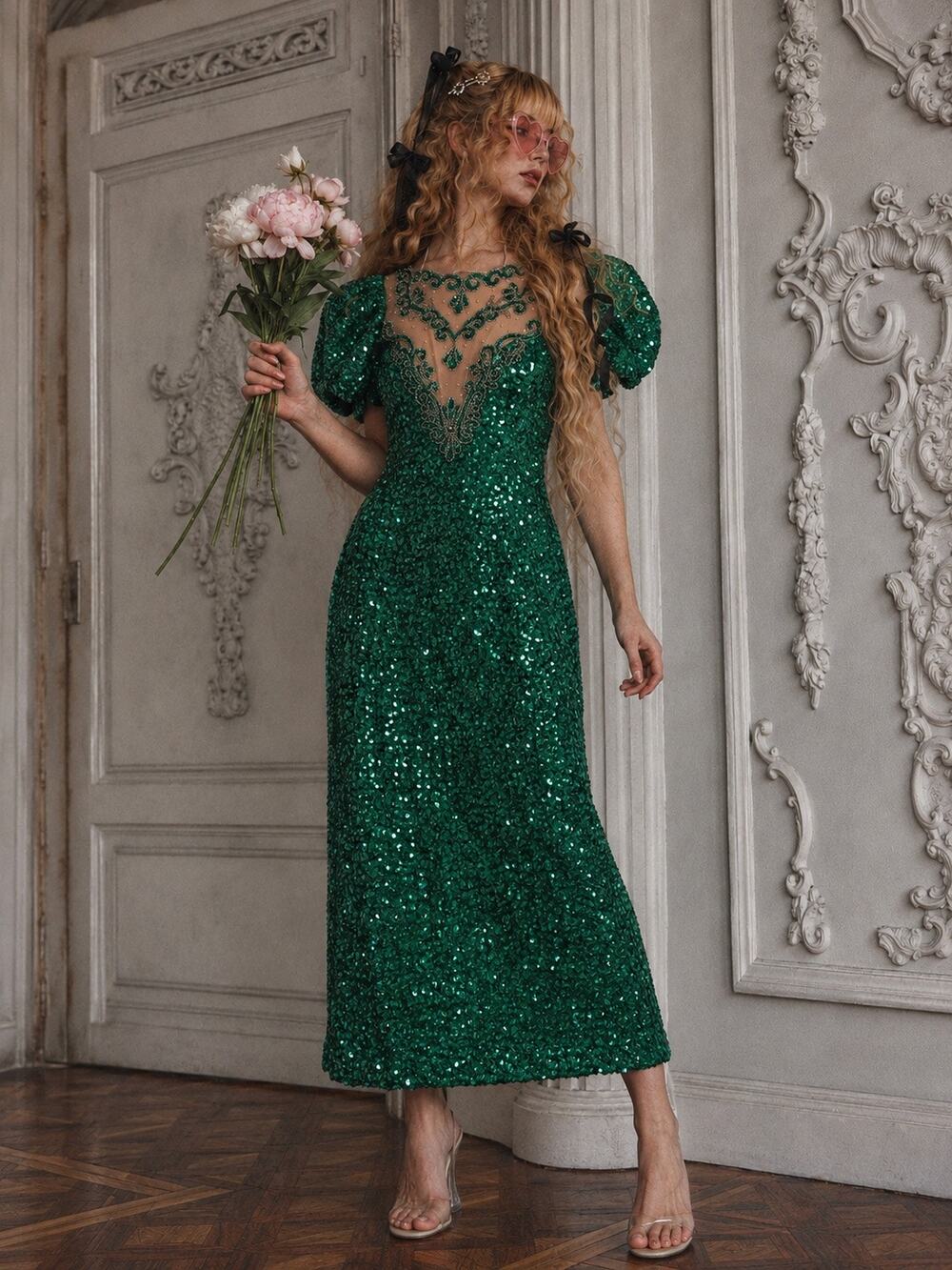Vintage 80s Mike Benet Formals Emerald Green Sequin Mermaid Gown Sz M